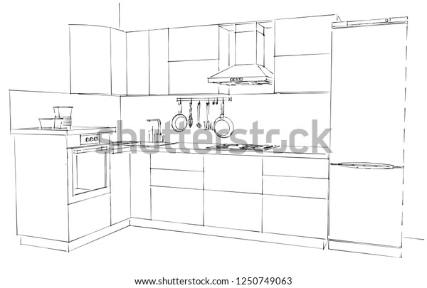 Sketch Modern Lshaped Kitchen Interior 3d Stock Illustration