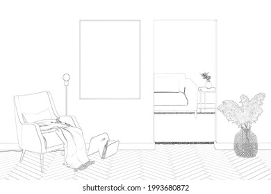 Sketch Of The Modern Room With Vertical Poster Next To An Armchair With A Magazine Rack, Pampas Grass In A Basket Next To The Doorway To The Room With A Sofa And A Coffee Table. 3d Render