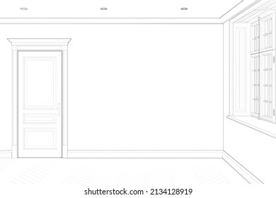 A sketch of the modern-classic empty room without furniture with a blank wall between a  classical door and window without curtains, parquet floor. Front view. 3d render