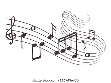 Sketch Musical Sound Wave With Music Notes. Hand Drawn Illustration. Music Note Doodle And Audio Record