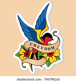 Sketch Of Old School Tattoo. A Sketch Of A Blue-red Bird, Swallow Tattoo With Flower And Sign Freedom. The Sketch Is Made In Warm Colors. Hipster, Youth Old School Picture For Boys And Girls