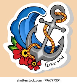 Sketch Of Old School Tattoo. A Sketch Of A Seaman, Sea Anchor Tattoo With Flower And Sign Love Sea. The Sketch Is Made In Warm Colors. Hipster, Youth Old School Picture For Boys And Girls