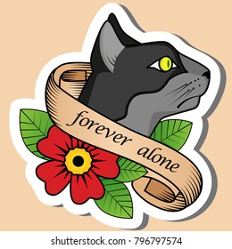 Sketch Of Old School Tattoo. A Sketch Of A Wild Cat, With Yellow Eyes Tattoo With Flower And Sign Forever Alone. The Sketch Is Made In Warm Colors. Hipster, Youth Old School Picture For Boys And Girls