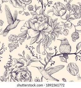 Sketch pattern with birds and flowers. Hummingbirds and flowers, retro style, antique backdrop. Vintage monochrome flower design for web, wrapping paper, cover, textile, fabric, wallpaper