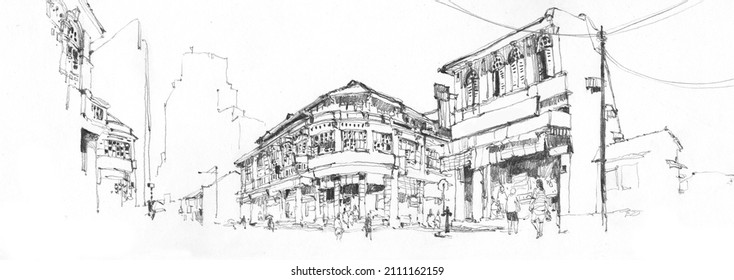 Sketch Of The Penang Street Scene With Heritage Building In Black And White Version