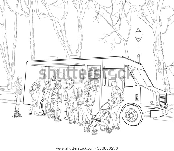 Sketch of people standing in line at fast food cafe\
mobile car