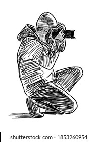 Sketch Of Photographer Crouching And Taking Picture