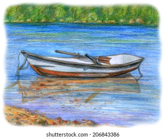 Sketch picture laid up boat  Color pencil illustration bark in the harbor and view forest   sand shore