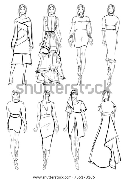 Sketch Set Fashion Model On White Stock Illustration 755173186