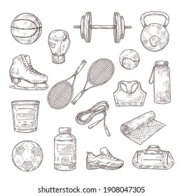 Sketch Sports Equipment. Ball, Dumbbell And Tennis Rackets, Boxing Glove And Jump Rope, Sports Nutrition. Doodle Fitness Set