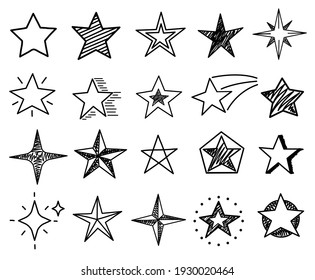 Sketch Stars. Cute Star Shapes, Black Starburst Doodle Signs For Christmas Decoration Isolated Set