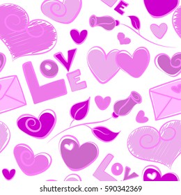 Sketch with stickers, pins, patches in cartoon 80s-90s comic style in violet and pink colors. Seamless pattern with fashion patch badges with hearts, letter, flower on a white background.