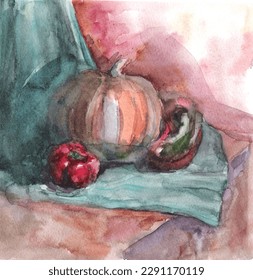 Sketch still life in art school  Teaching children drawing painting basics  Fundamentals color science pumpkin   pepper drapery  Watercolor illustration painted by teenager homework for artist