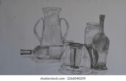 Sketch still life glass vases   wine bottle   coffee pot  Realistic Academic drawing 
