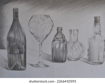 Sketch still life glass vases   wine bottle   goblet    Charcoal Realistic Academic drawing 