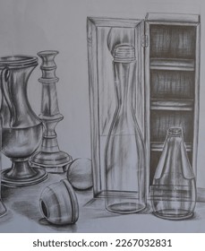 Sketch still life vases   bottle   mug   Charcoal Realistic Academic drawing 