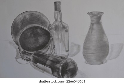 Sketch still life  vases   wine bottles    Charcoal Realistic Academic drawing 