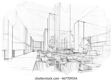 sketch stripes lobby, black and white interior design.