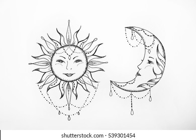 Sketch Sun Moon White Background Stock Illustration