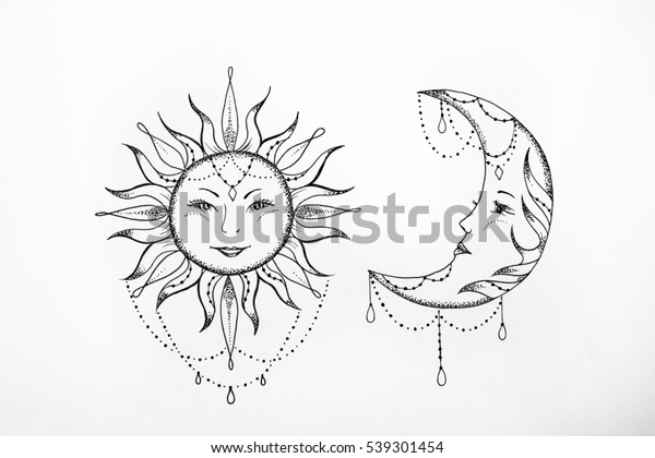 白い背景に太陽と月のスケッチ のイラスト素材