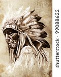 Sketch of tattoo art, indian head, chief, vintage style