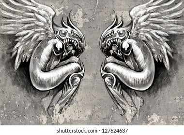 Sketch Of Tattoo Art, Two Angels, Fantasy Concept Over Wall