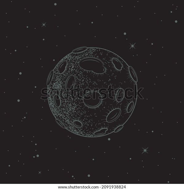 Sketch tattoo moon stylized as engraving.
Astronomical linear isolated illustration of satellite with craters
and stars on black
background