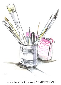 Sketch Of Tin Can With Art Brushes. Pink Pencil Case. A Quick Sketch With Watercolor And Ink. Hand-drawn Illustration. Isolated On White Background