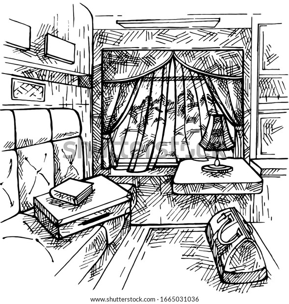 Sketch Train interior.\
 Travelling inside a luxurious vintage train carriage, window view.\
 Retro Travel bag. Hand drawn graphic illustration of train\
compartment.
