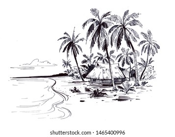 Sketch Of A Tropical Beach With Palm Trees And The Sea. Hand Drawn Illistration Converted To Vector