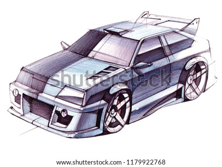 Sketch urban youth car in a sporty style with a powerful high-speed motor. The illustration is made by an individual idea by hand using materials of paper, watercolors and pens.