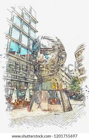 Sketch with watercolor or illustration. Landmark in Prague in the Czech Republic.