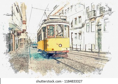 Sketch with watercolor or illustration of a traditional old tram moving down the street in Lisbon in Portugal.