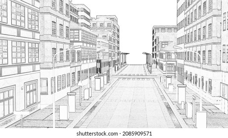 Sketch Wireframe With Drawing City On White Town Landscape Residential Building Construction Animation 3d Render