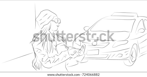 SKETCH, Woman\
call taxi by mobile app at\
airport