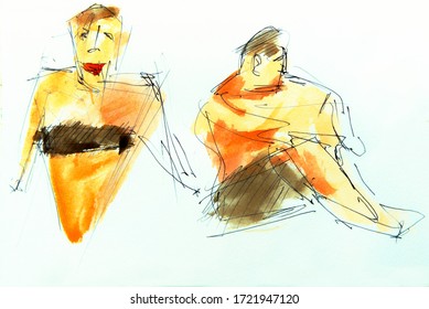  Sketch Of A Woman And Man Wearing A Swimsuit In A Lido In Italy