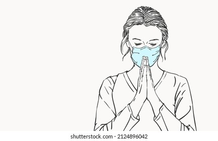 Sketch of woman in medical face mask praying with hands folded in worship, eyes closed, coronavirus pandemic problem suffering, Hand drawn illustration 