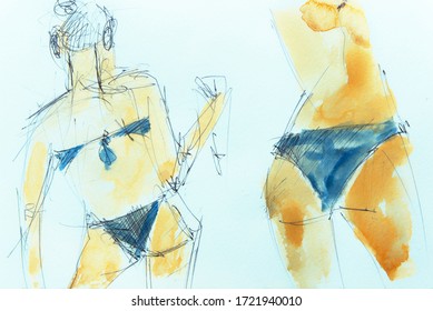 Sketch Of A Woman Wearing A Swimsuit In A Lido In Italy