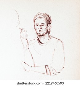 Sketch Of Young Guy Smoking Cigarette, Drawing By Hands With Red Sanguine On Beige Paper.