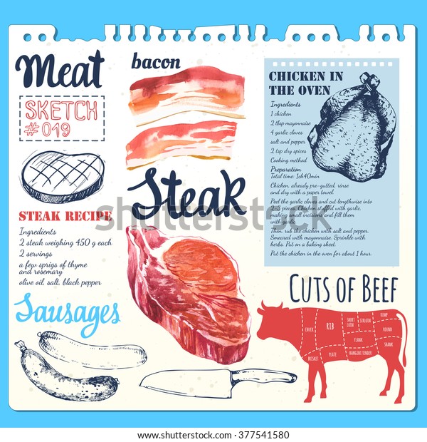 さまざまな肉を持つスケッチブック 水彩画と食べ物のイラストをスケッチ 生の牛肉のステーキとベーコンのセット 新鮮な有機食肉製品 のイラスト素材
