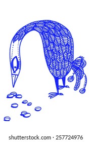 The sketched illustration fantasy blue bird pecking the seeds made manually and the marker   ink pen 