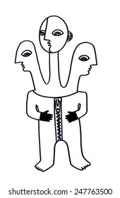 The sketched illustration of the fantasy figure with three heads made manually with the ink pen 