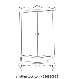 Sketched Vintage Wardrobe Isolated On White Background.