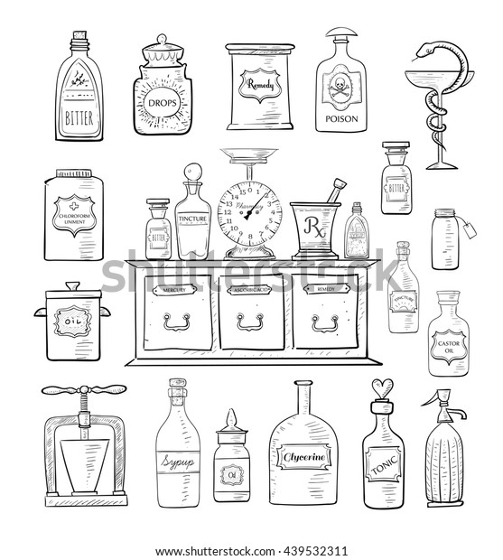 Sketches Vintage Drugstore Objects On White Stock Illustration