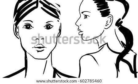 sketches woman heads black white pretty stock illustration 602785460