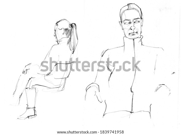 椅子 正面図 縦断背面図に座る女性のスケッチ のイラスト素材