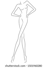 Sketching outline of abstract graceful and slender female figure, black over white artwork