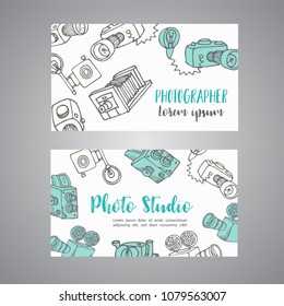 Sketchy Bussines Card For Photographer. Hand Drawn Doodle Cartoon Retro Photo Cameras, Illustration