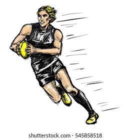 Sketchy Cartoon Comics Style Raster Isolated Illustration Of Australian Rules Football Player. Hand Drawn Sporty Man Playing Aussie Rules, Afl.