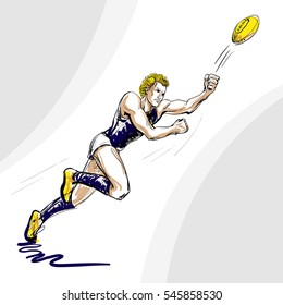 Sketchy Cartoon Comics Style Raster Isolated Illustration Of Australian Rules Football Player. Hand Drawn Sporty Man Playing Aussie Rules, Afl.